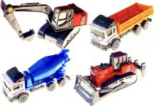 Sada čtyř kovových modelů pracovních strojů a nákladních aut 1:64 